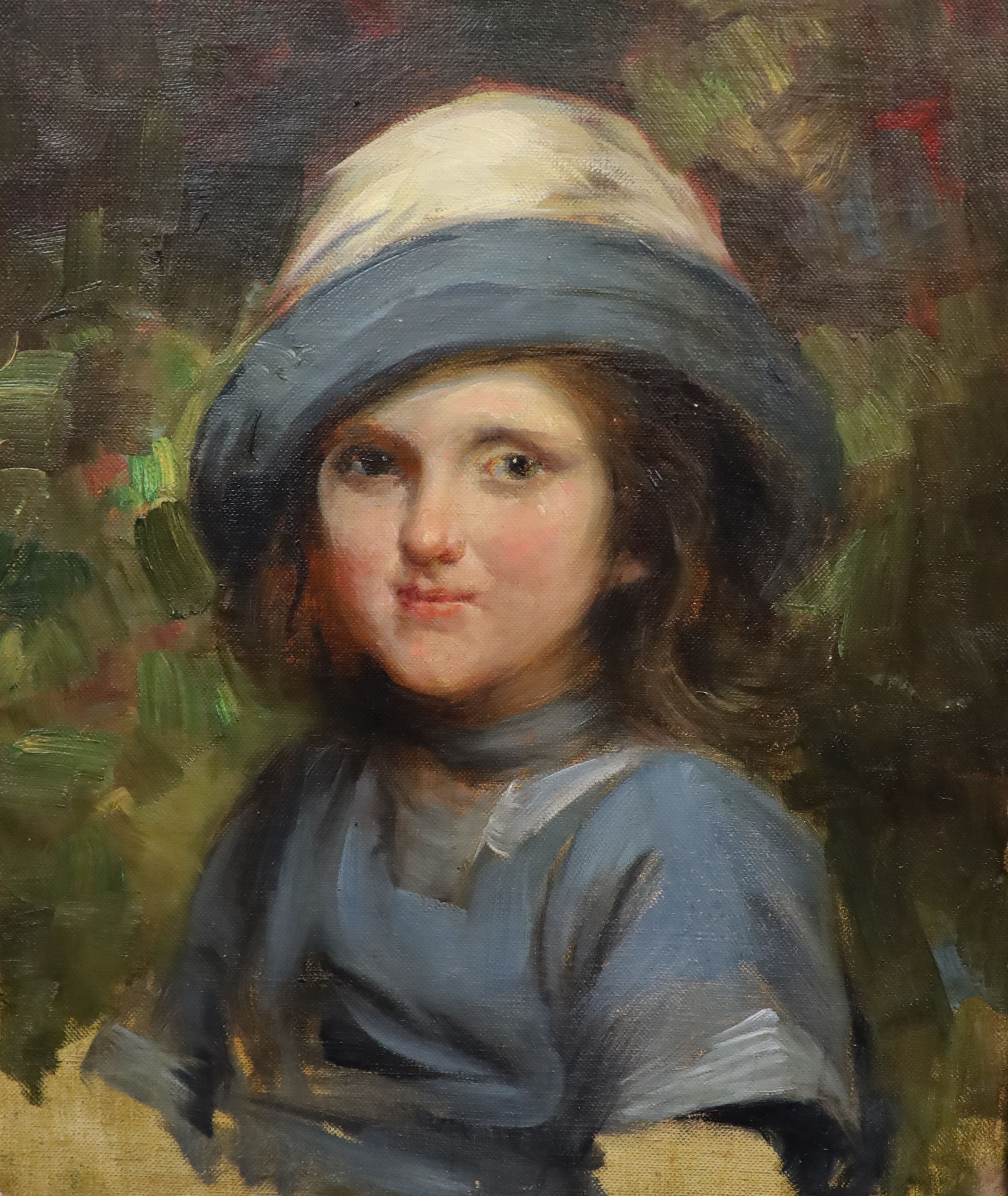 Attributed to Harold Harvey (1874-1941), Portrait of a girl wearing a blue hat, oil on canvas, 50 x 40cm